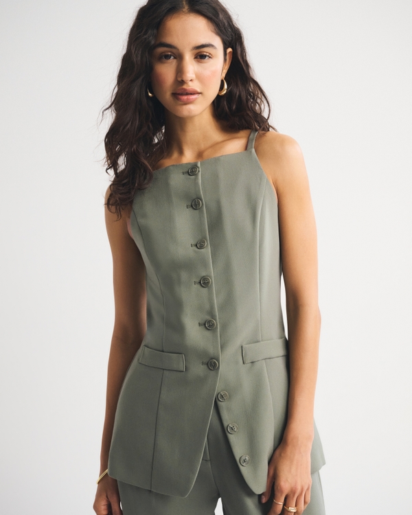 Tie-Back Button-Through Vest, Muted Basil view 1