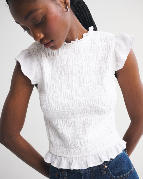 Tie-Back Smocked Linen-Blend Top, White view 1