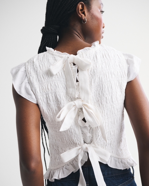 Tie-Back Smocked Linen-Blend Top, White view 2