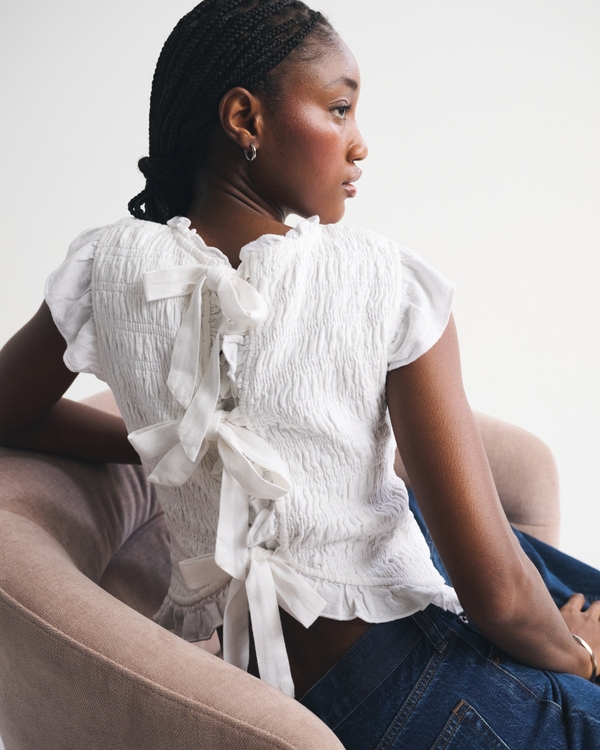 Women's Tie-Back Smocked Linen-Blend Top | Women's Clearance