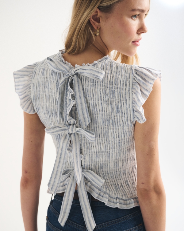 Tie-Back Smocked Linen-Blend Top, Light Blue Stripe view 2