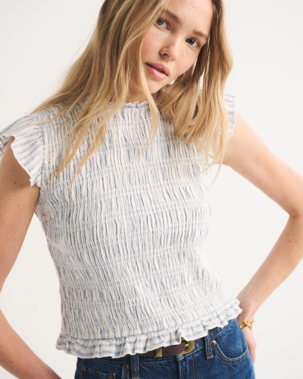 Tie-Back Smocked Linen-Blend Top