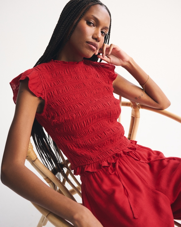 Tie-Back Smocked Linen-Blend Top, Vivid Red view 1