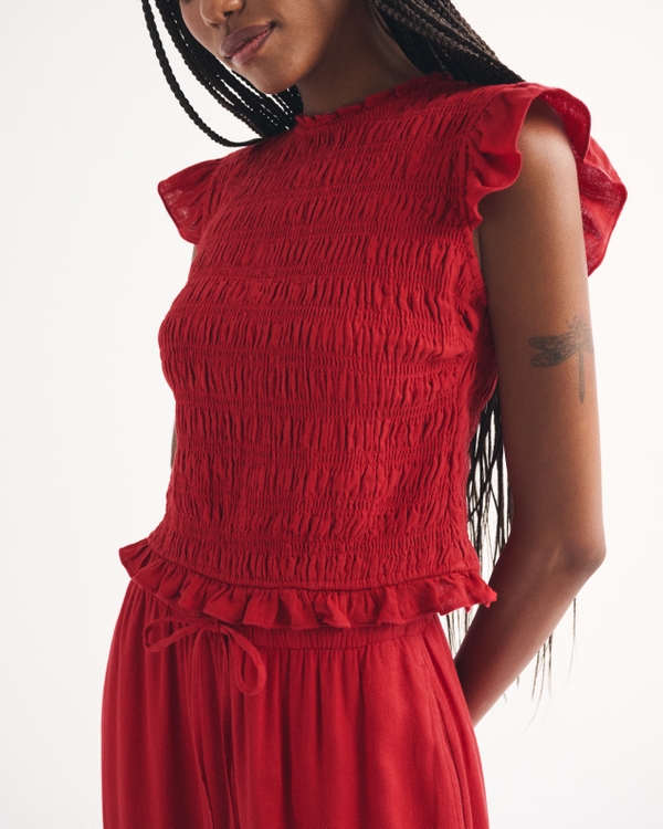 Tie-Back Smocked Linen-Blend Top, Vivid Red view 2
