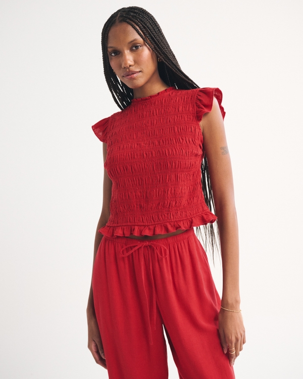 Women's Tie-Back Smocked Linen-Blend Top | Women's Clearance