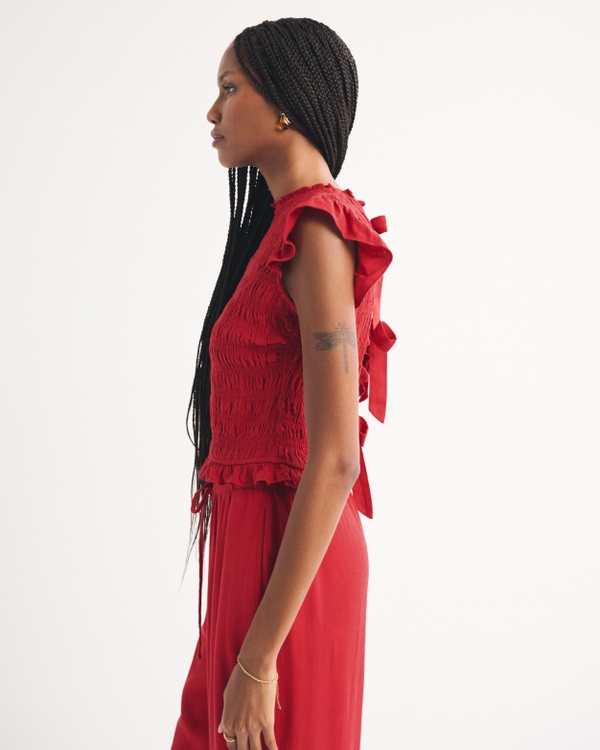 Women's Tie-Back Smocked Linen-Blend Top | Women's Clearance