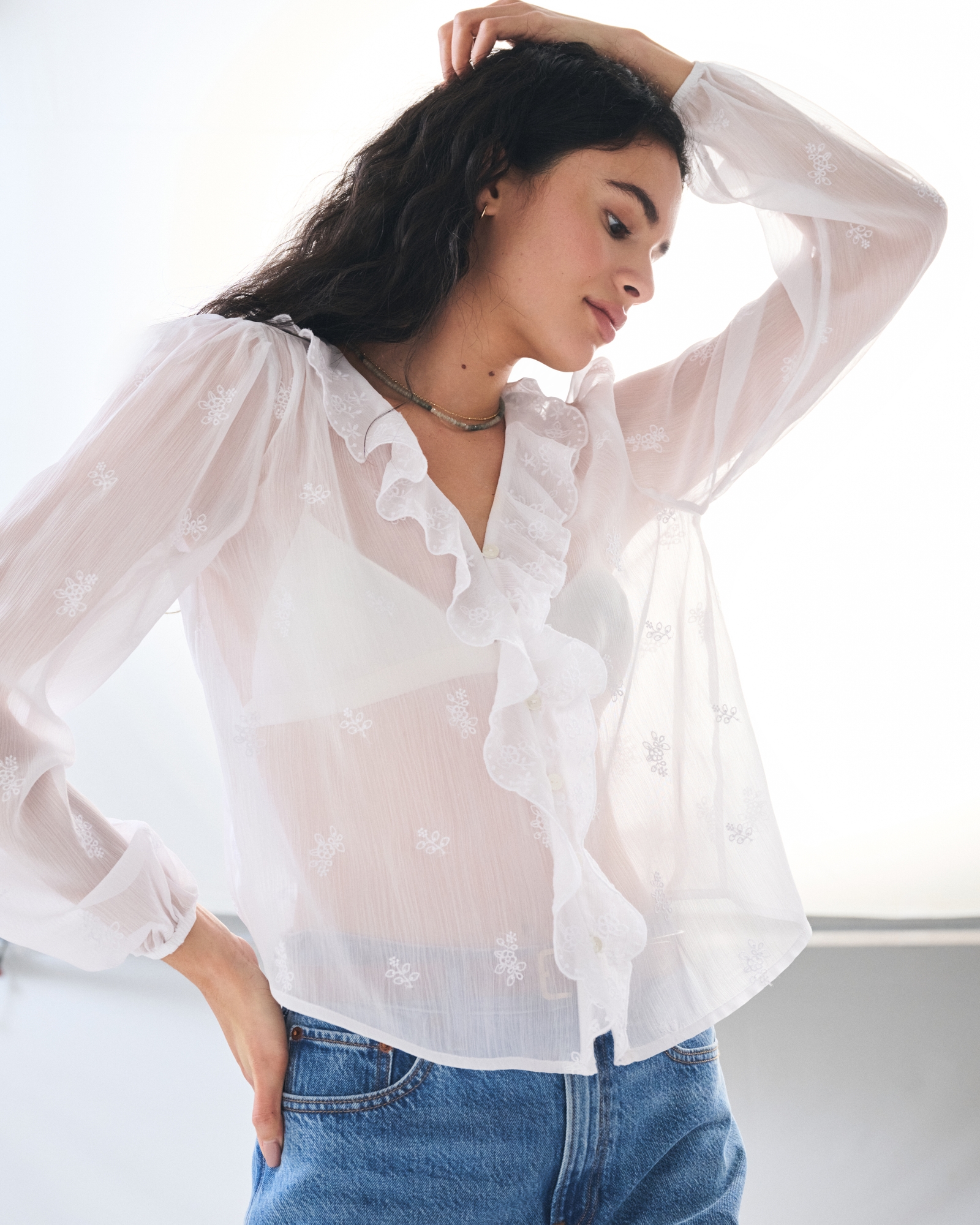 Sheer Embroidered Ruffle Button-Through Blouse