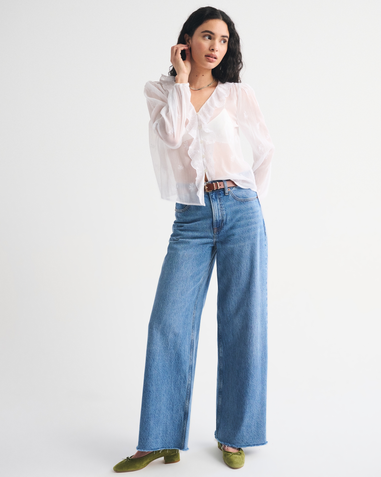 Sheer Embroidered Ruffle Button-Through Blouse