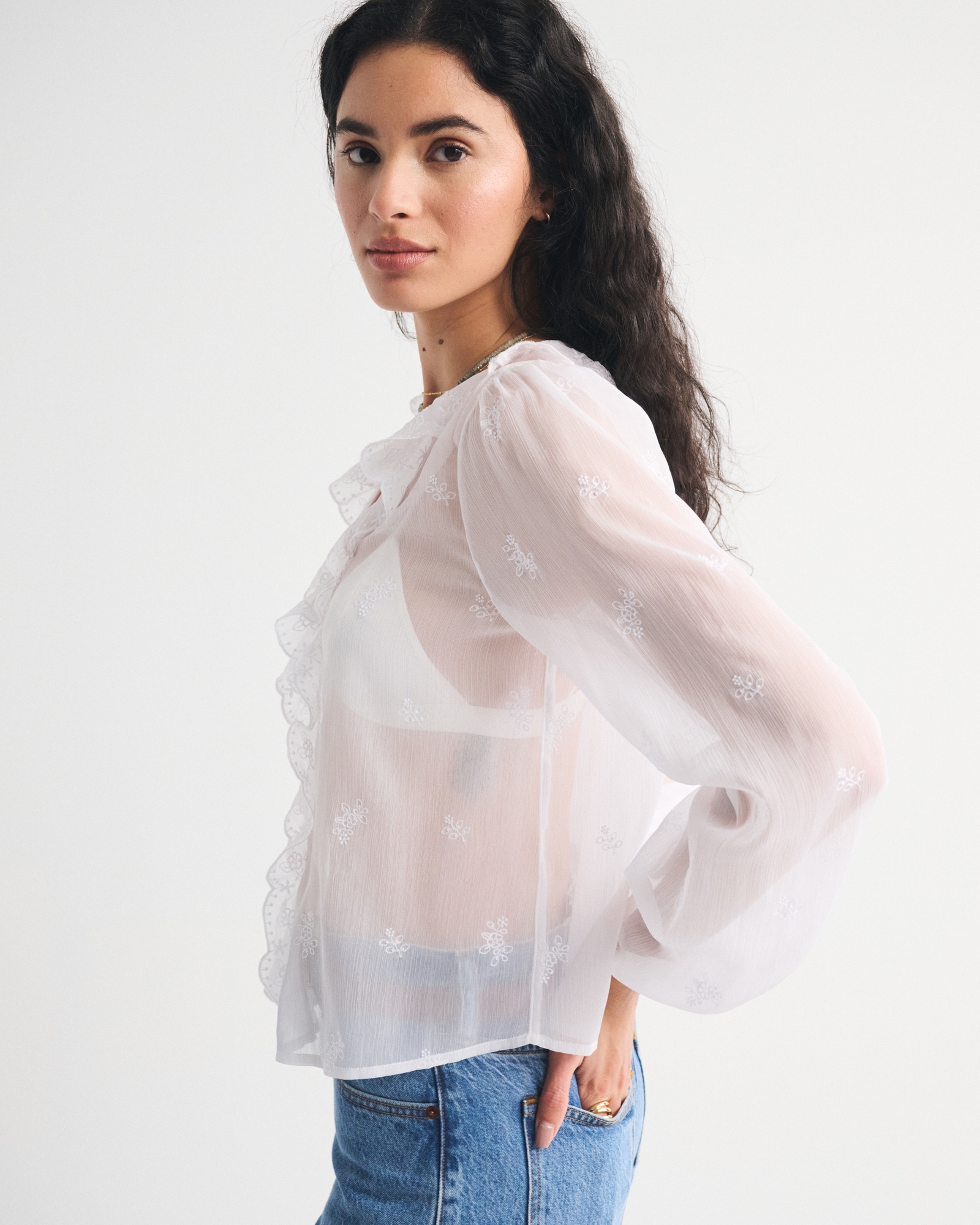 Sheer Embroidered Ruffle Button-Through Blouse