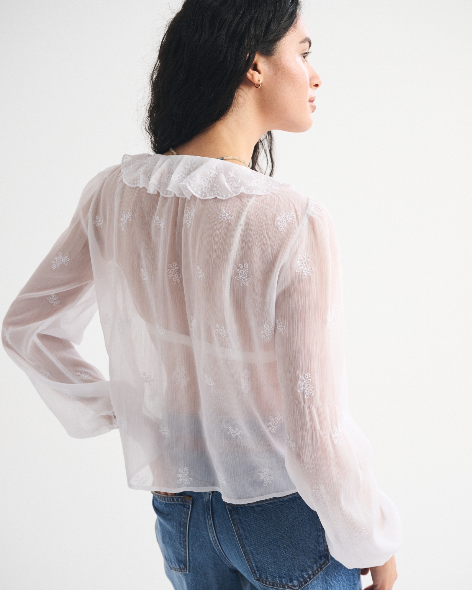 Sheer Embroidered Ruffle Button-Through Blouse