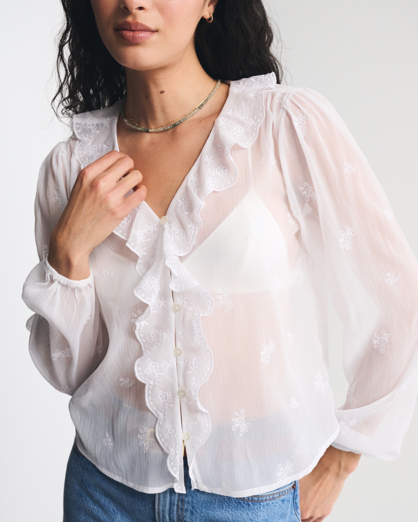 Sheer Embroidered Ruffle Button-Through Blouse