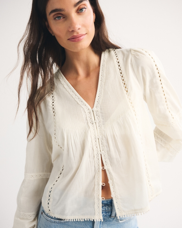 Lace-Trim Button-Through Blouse, Cream view 1