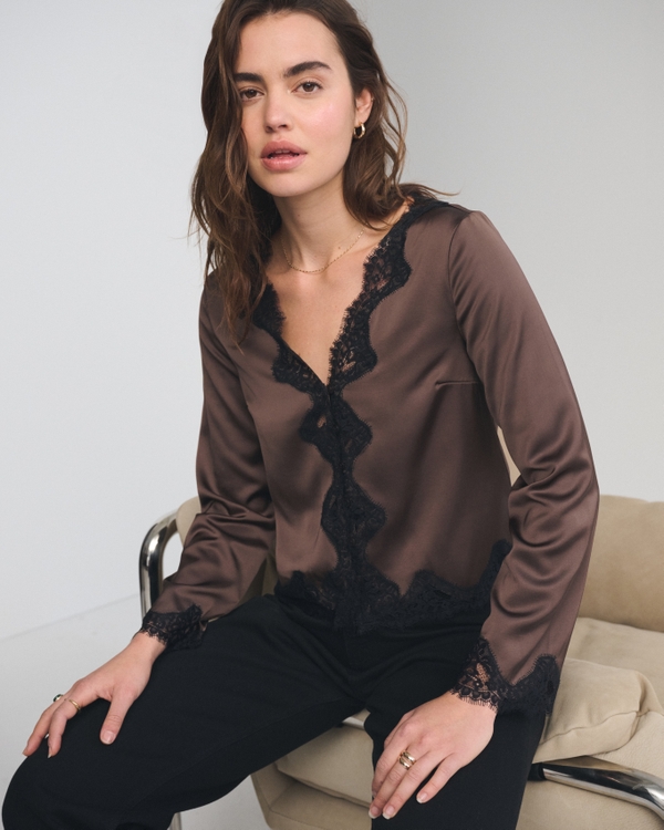 Lace-Trim Button-Through Blouse, Brown view 1