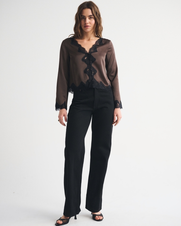 Lace-Trim Button-Through Blouse, Brown view 2