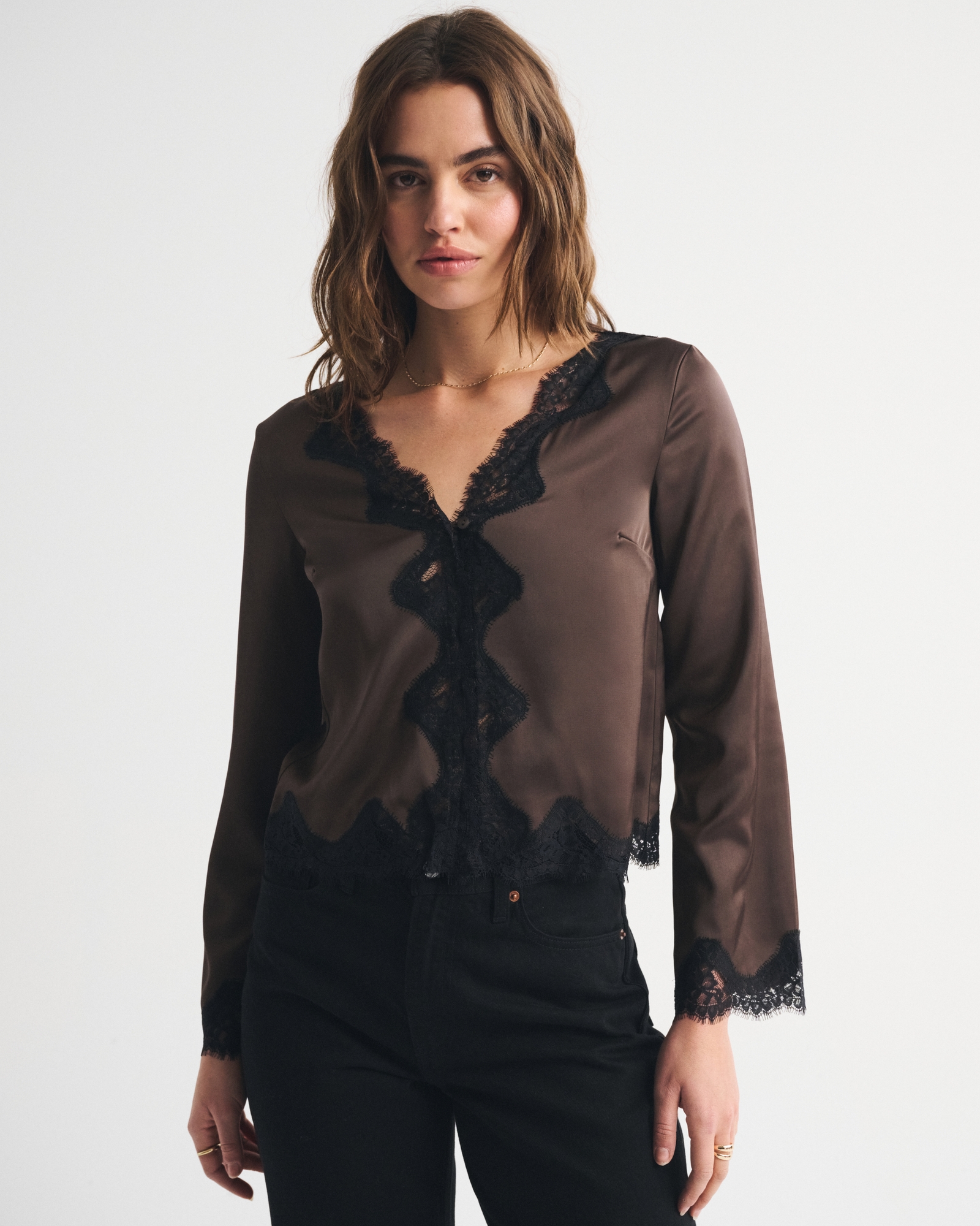 Lace-Trim Button-Through Blouse