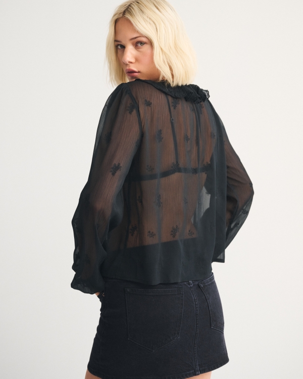 Sheer Embroidered Ruffle Button-Through Blouse