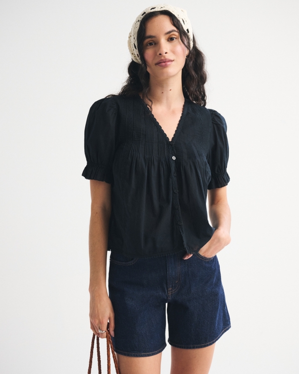 Short-Sleeve Button-Through Blouse, Black view 1