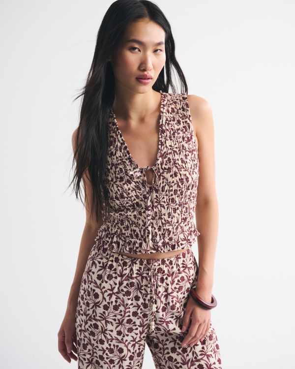 Smocked Tie-Front Set Top, Burgundy Pattern view 1