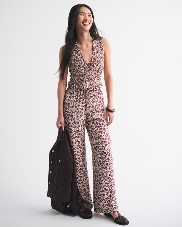 Smocked Tie-Front Set Top, Burgundy Pattern view 2