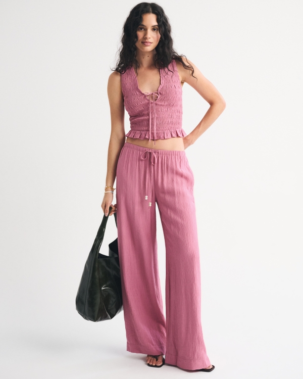 Smocked Tie-Front Set Top, Dark Pink view 2