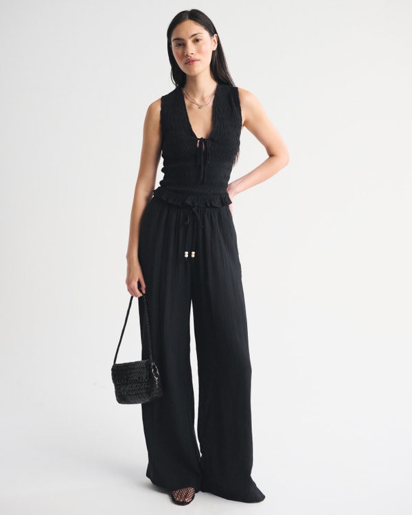 Smocked Tie-Front Set Top, Black view 2