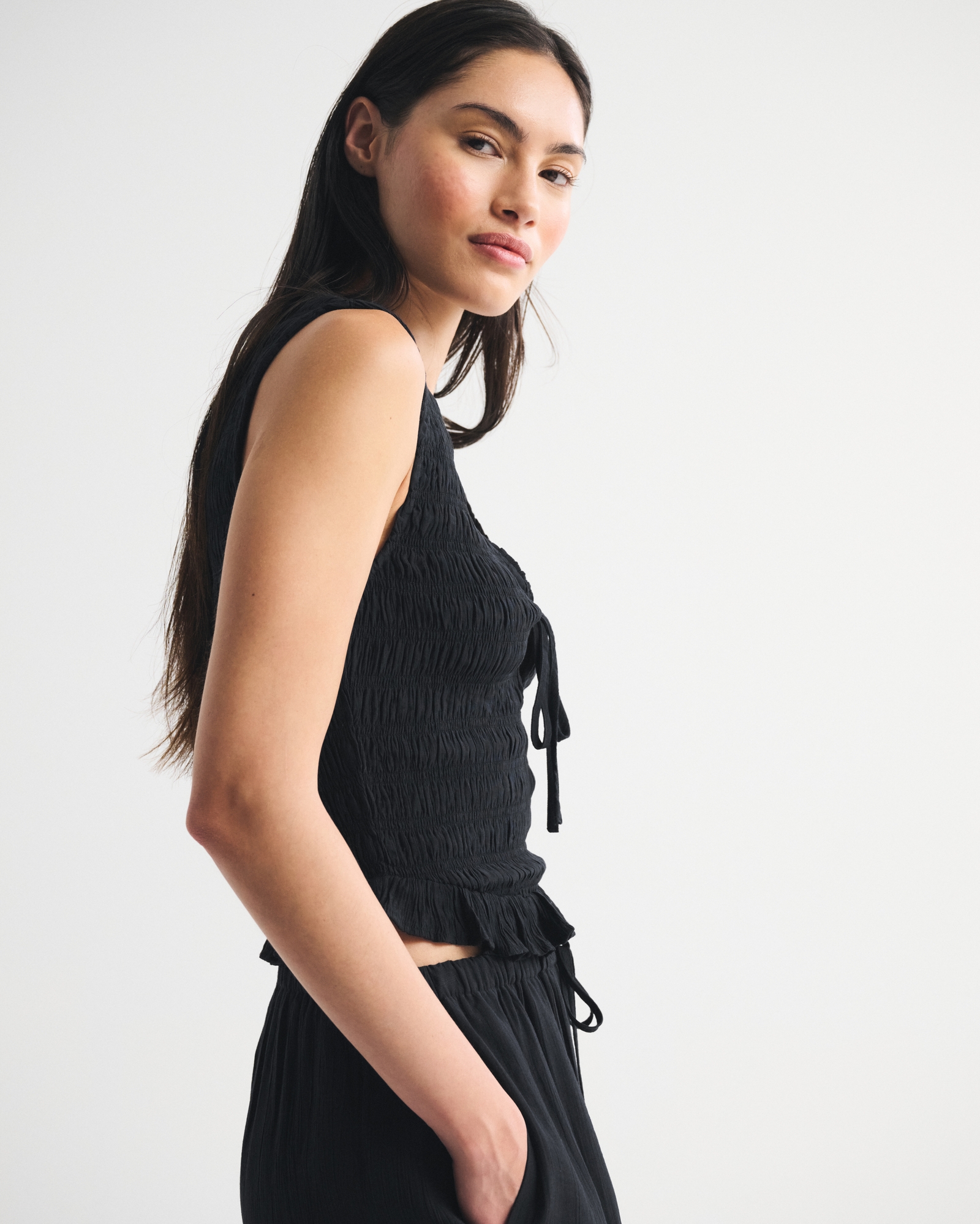 Smocked Tie-Front Set Top