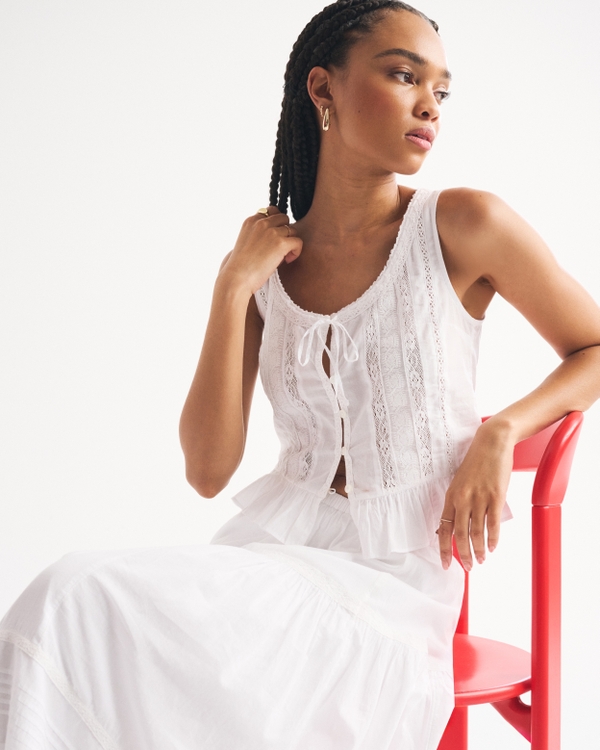 Lace-Trim Tie-Front Ruffle Tank, White view 1