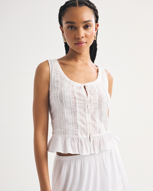 Lace-Trim Tie-Front Ruffle Tank, White view 2