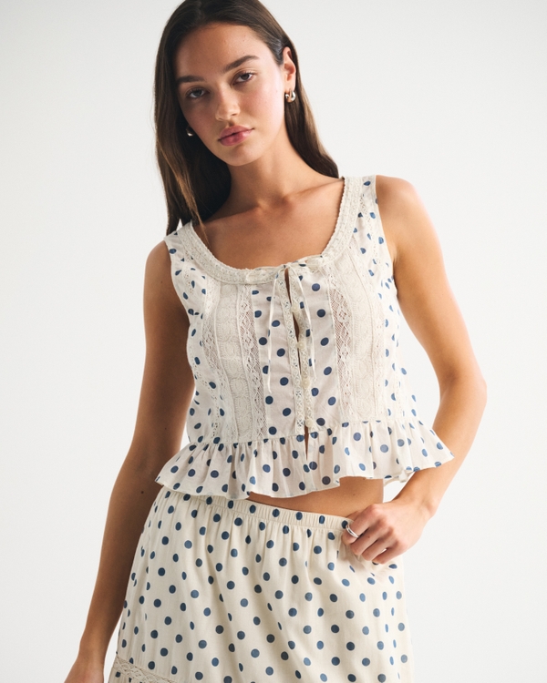 Lace-Trim Tie-Front Ruffle Tank, Blue Polka Dot view 1