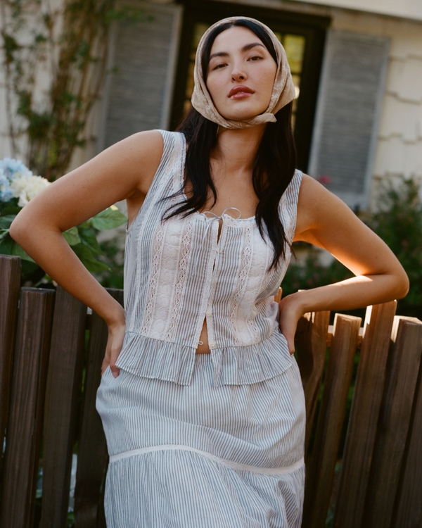 Lace-Trim Tie-Front Ruffle Tank, Blue Stripe view 1