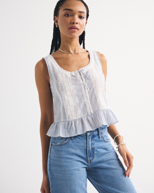 Lace-Trim Tie-Front Ruffle Tank