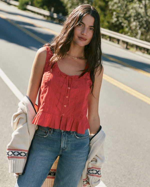 Lace-Trim Tie-Front Ruffle Tank, Vivid Red view 1