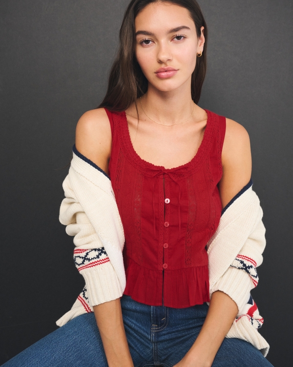 Lace-Trim Tie-Front Ruffle Tank, Vivid Red view 2