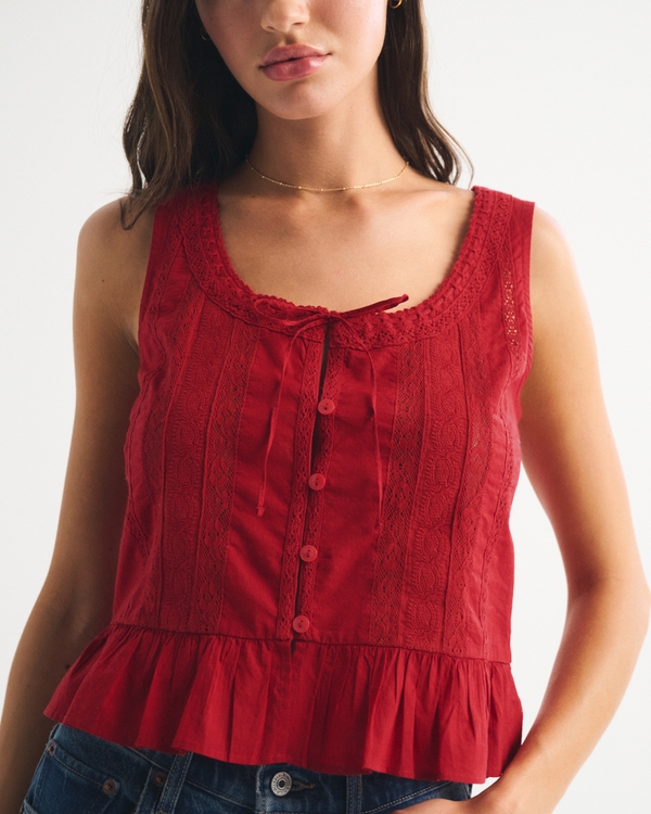 Lace-Trim Tie-Front Ruffle Tank