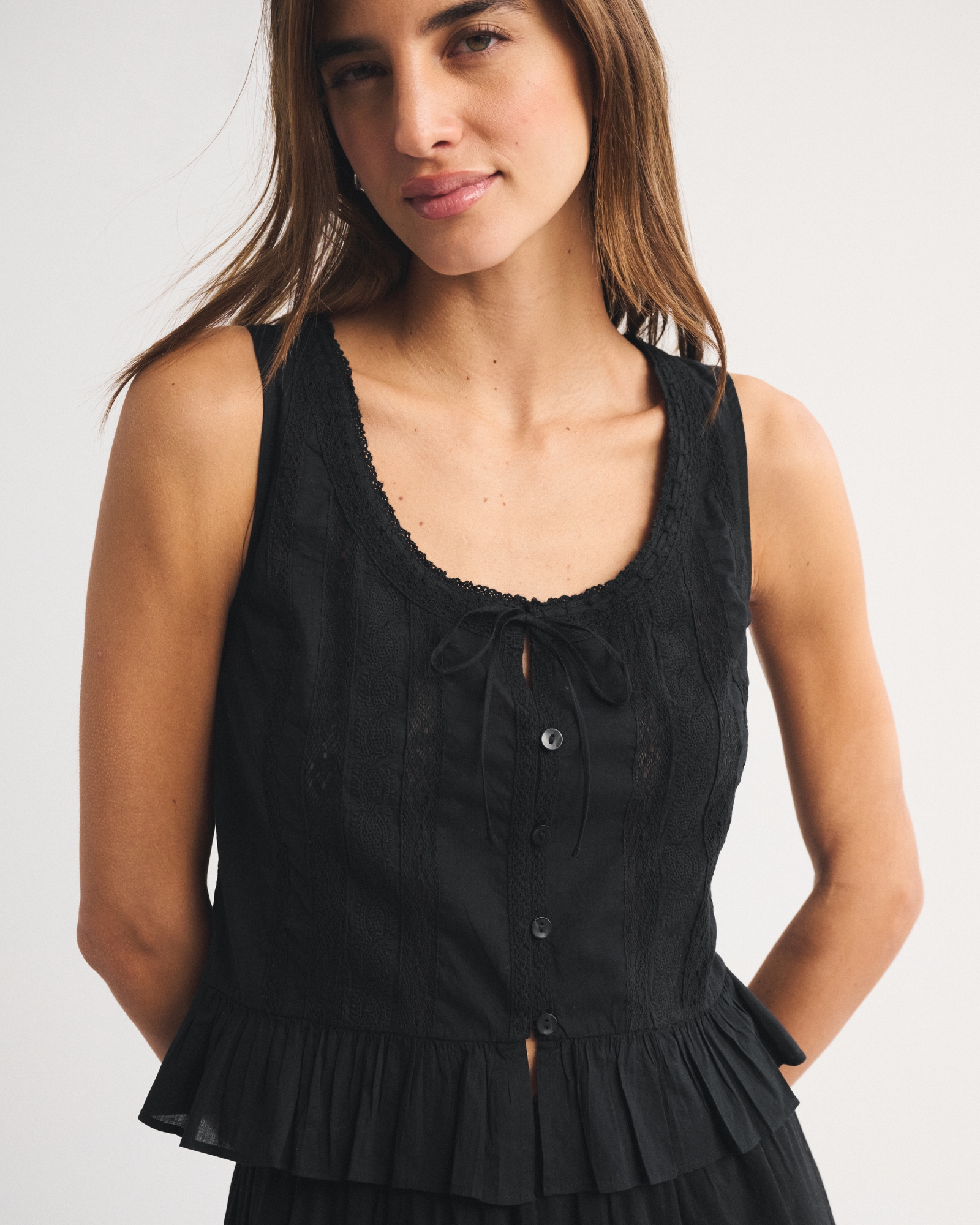 Lace-Trim Tie-Front Ruffle Tank
