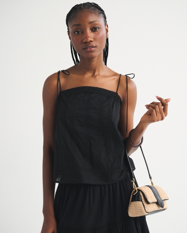 Lace-Trim Tie-Strap Cami, Black view 1