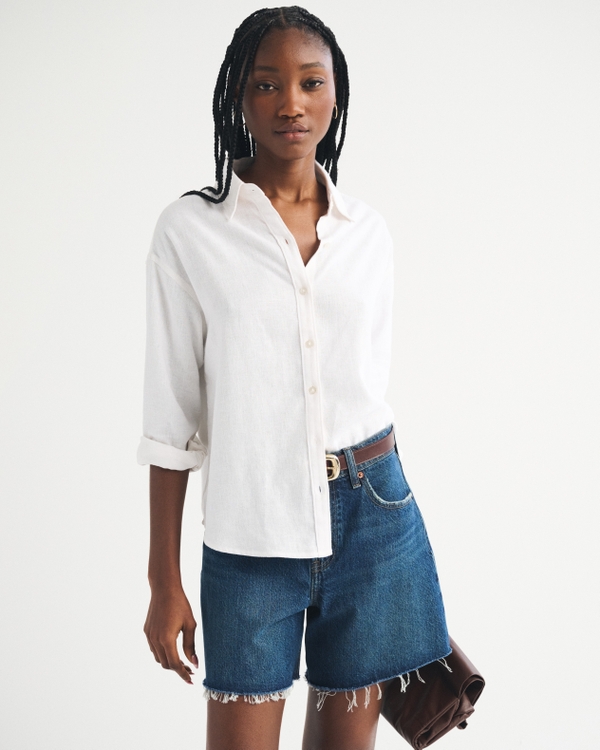Oversized Linen-Blend Shirt, White view 1