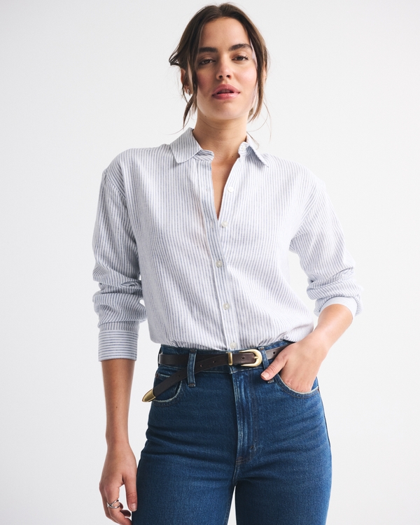 Oversized Linen-Blend Shirt, Light Blue Stripe view 1