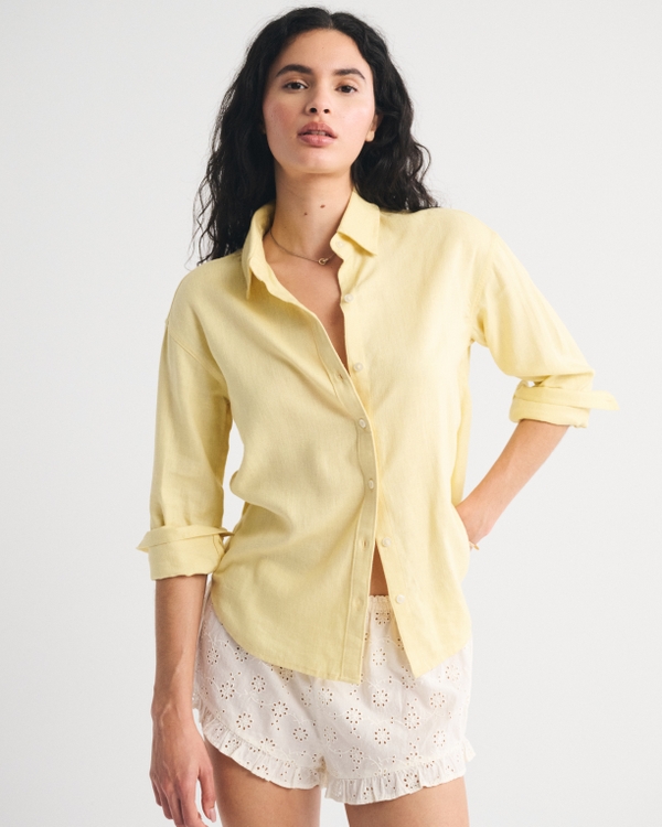 Oversized Linen-Blend Shirt, Yellow view 2