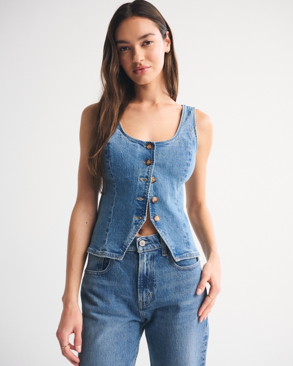 Denim Tie-Back Scoopneck Vest, Medium Wash view 1