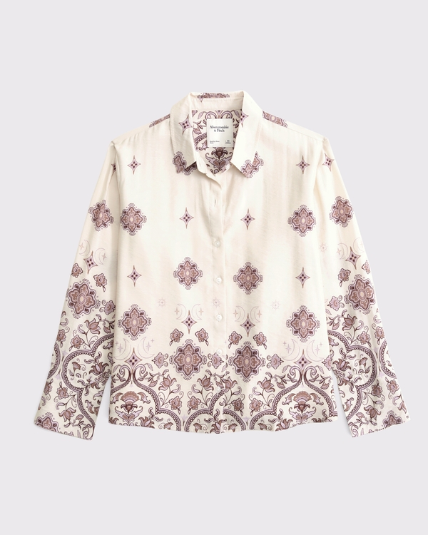 Crinkle Textured Button-Up Top, Cream Pattern view 1