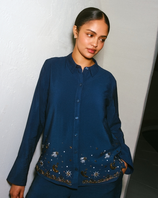 Crinkle Textured Button-Up Top, Deep Navy view 1