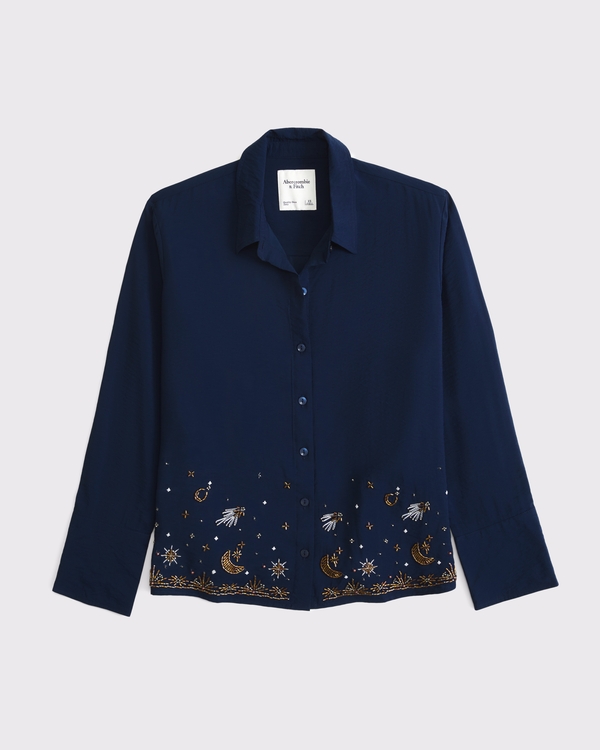 Crinkle Textured Button-Up Top, Deep Navy view 2