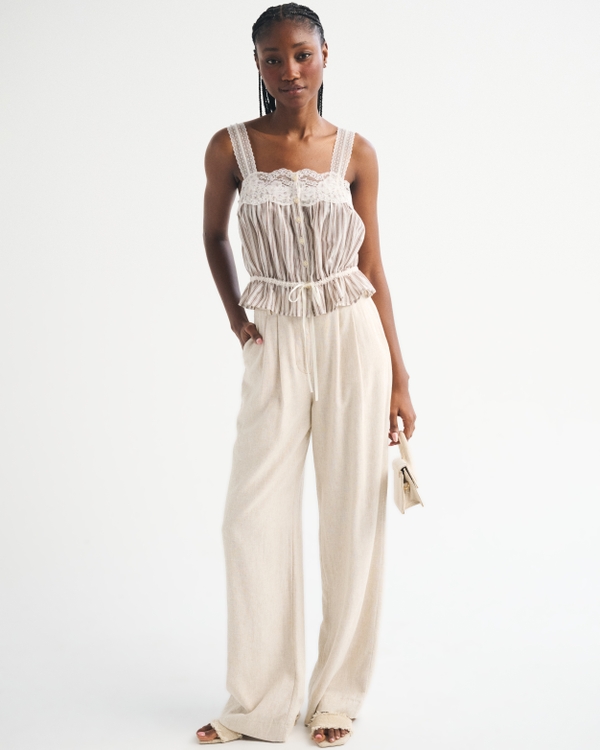 Lace-Trim Cinched Button-Through Cami, Brown Stripe view 2