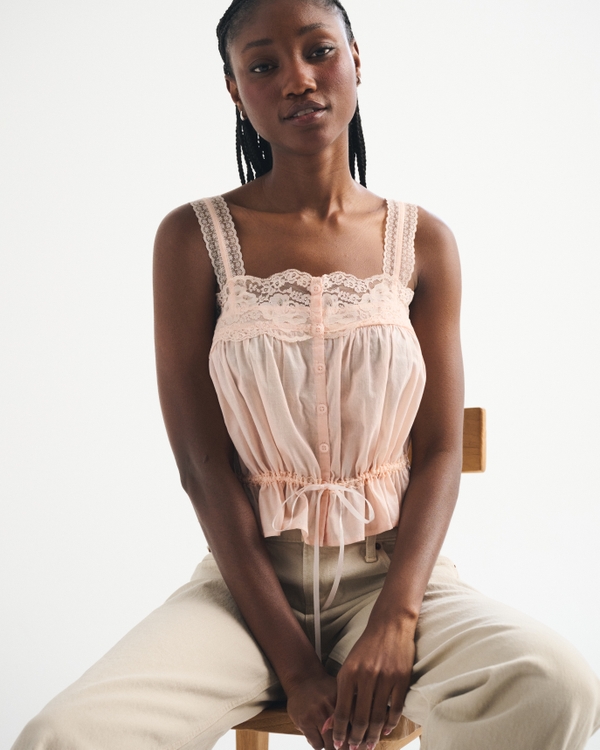 Lace-Trim Cinched Button-Through Cami, Light Peach view 2