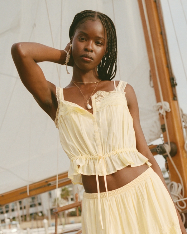 Lace-Trim Cinched Button-Through Cami, Pastel Yellow view 1