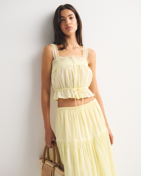 Lace-Trim Cinched Button-Through Cami, Pastel Yellow view 2