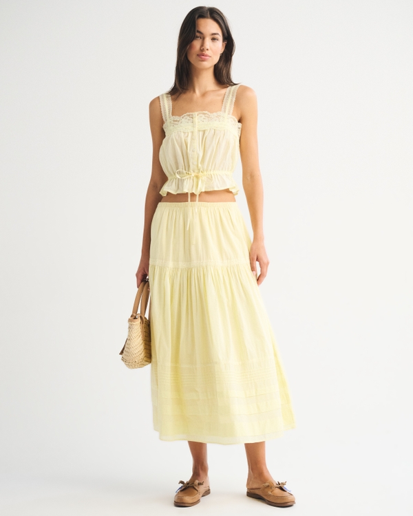 蕾絲飾邊鈕扣式束緊吊帶背心, 粉黃色 view 2