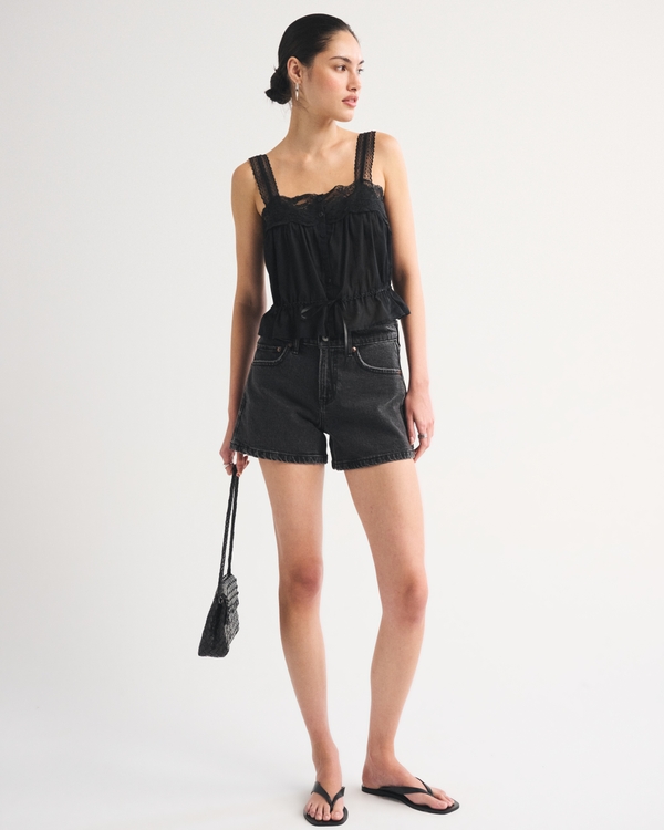 Lace-Trim Cinched Button-Through Cami, Black view 1