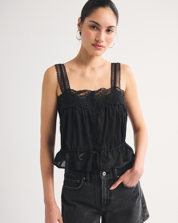 Lace-Trim Cinched Button-Through Cami, Black view 2